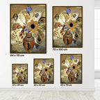 Set of floral art prints with dimensions displayed on a white wall.