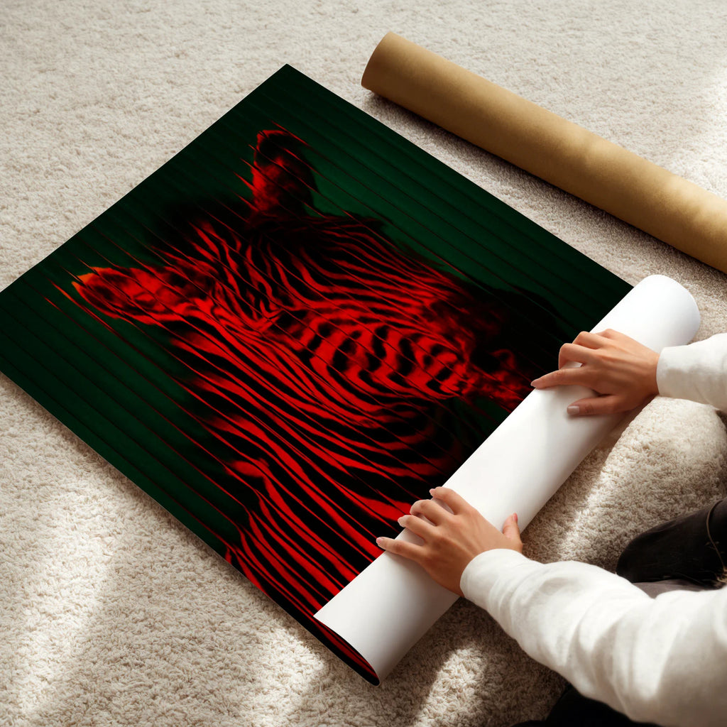 Person unrolling a red and black zebra poster on a beige carpet