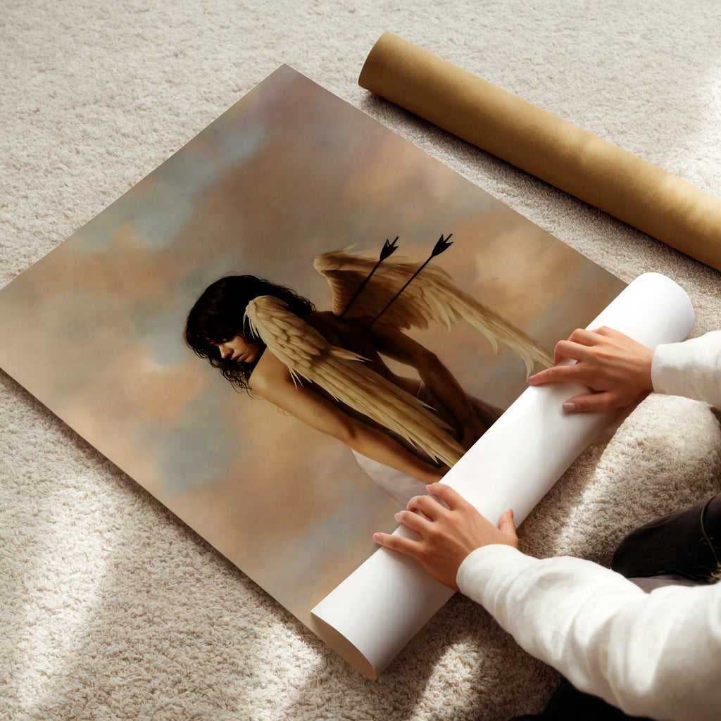 Person unrolling a large photo of a angel with wings on a carpeted floor.