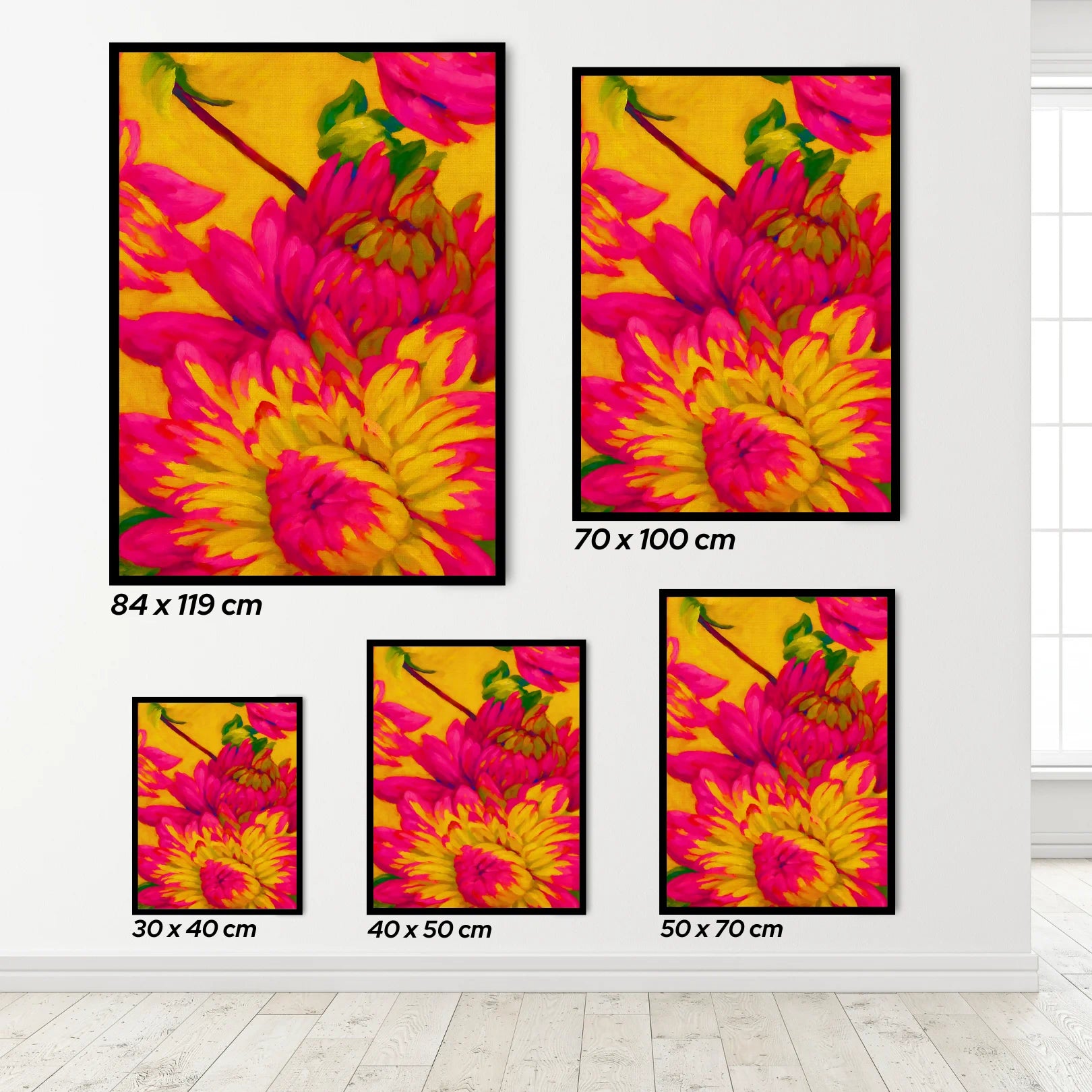 Set of floral wall art prints with dimensions displayed on a white wall.