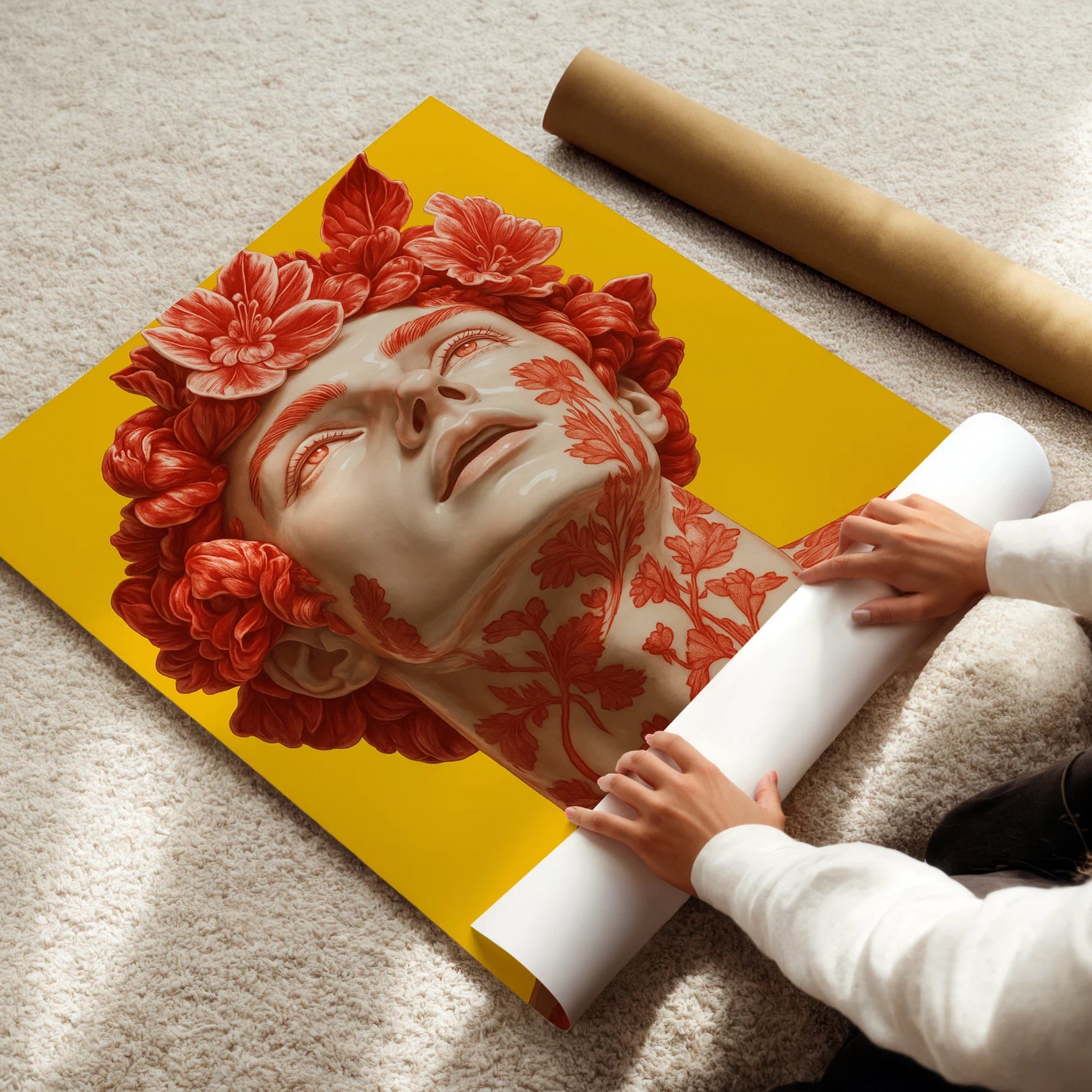 Person unrolling a large decorative wall art piece with floral design on a yellow background.