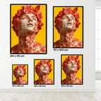 Set of framed artworks with a stylized face and floral design on a yellow background.