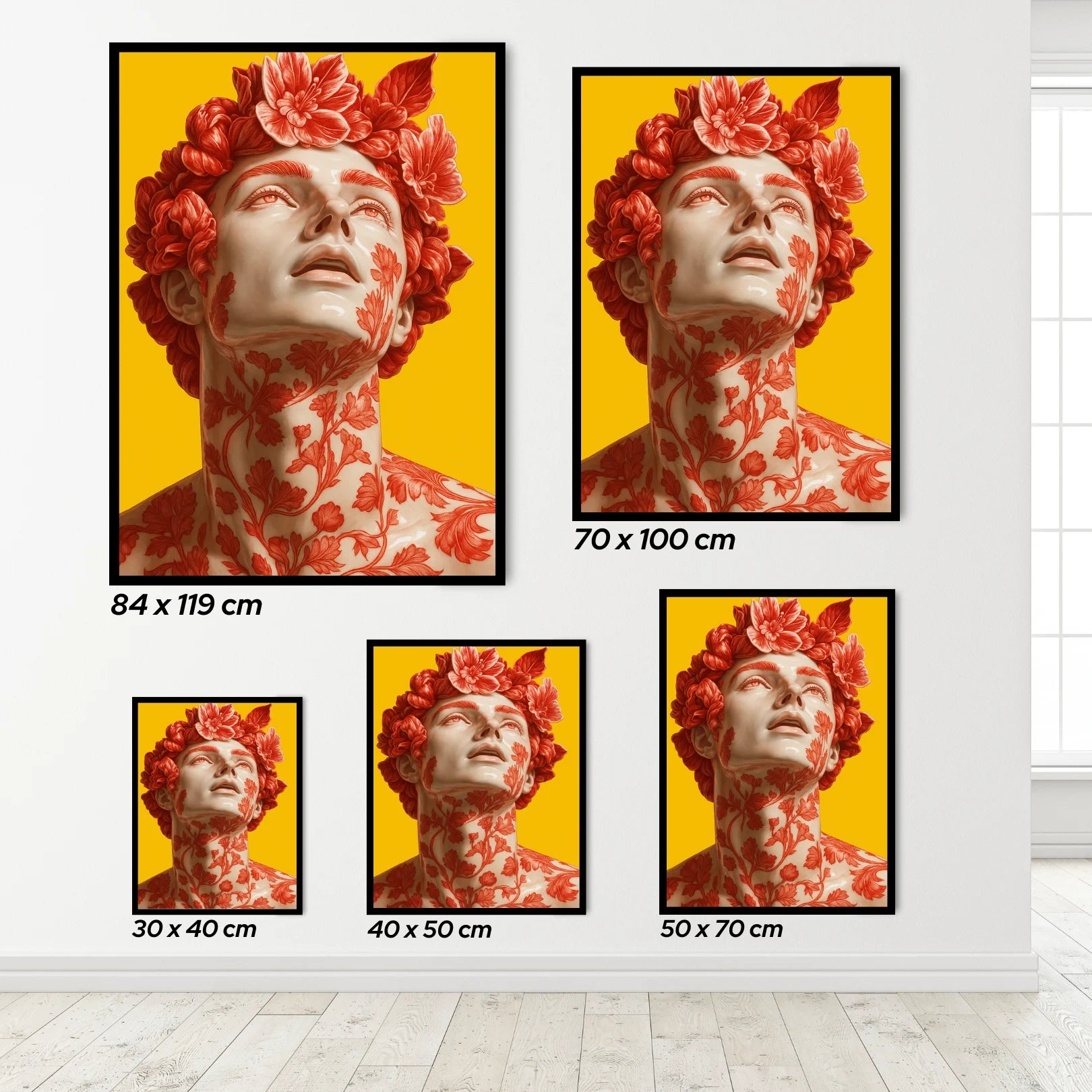Set of framed artworks with a stylized face and floral design on a yellow background.