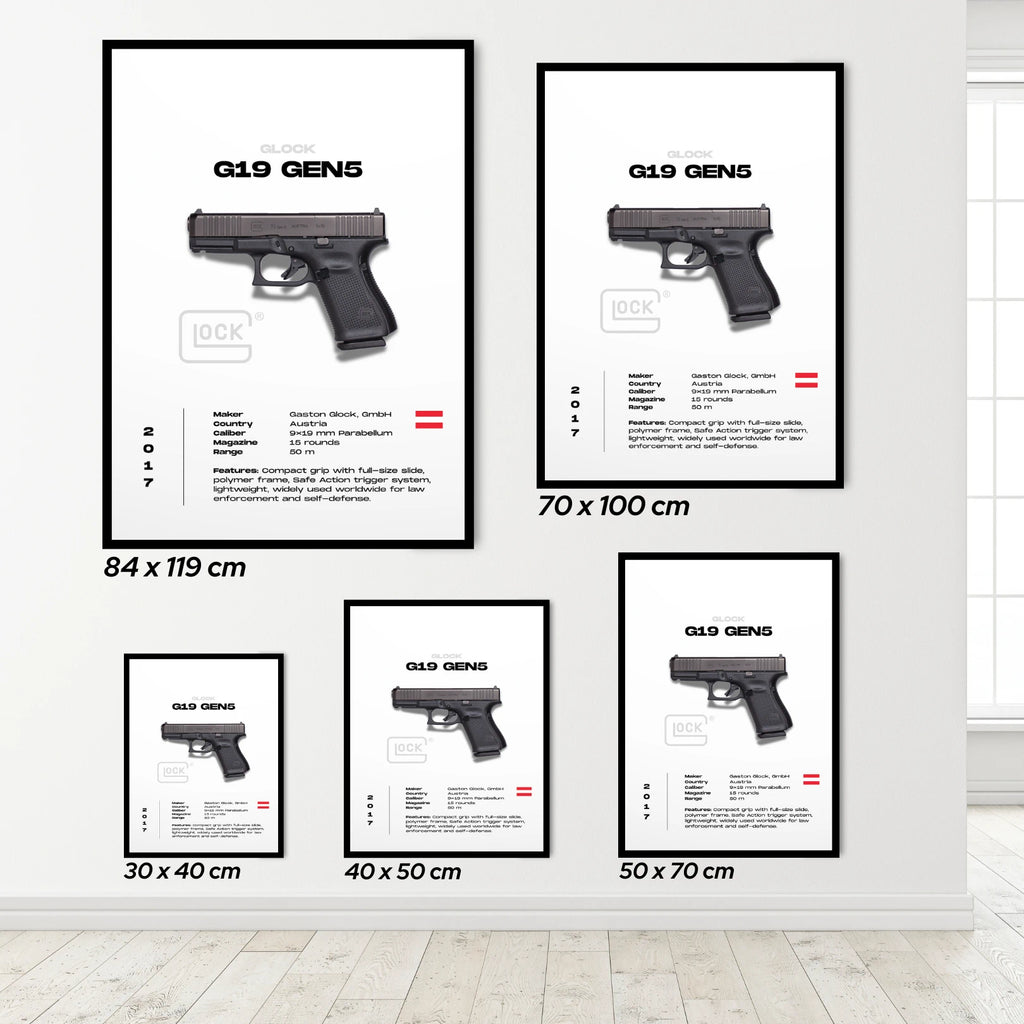 Framed posters of a glock 19 with dimensions displayed on a white wall.