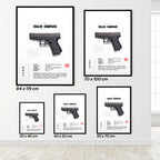 Framed posters of a glock 19 with dimensions displayed on a white wall.