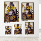 Set of framed posters of a chair with a vase of yellow flowers, showing different sizes.