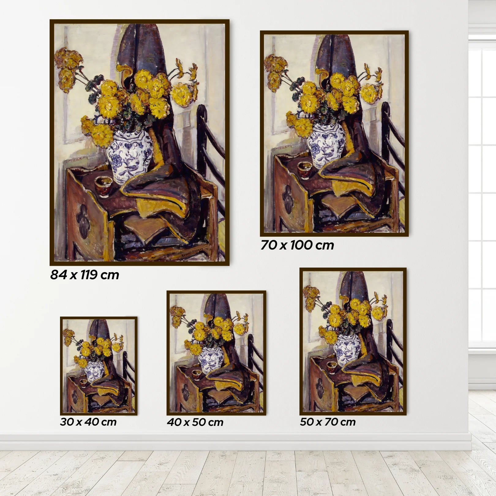 Set of framed posters of a chair with a vase of yellow flowers, showing different sizes.