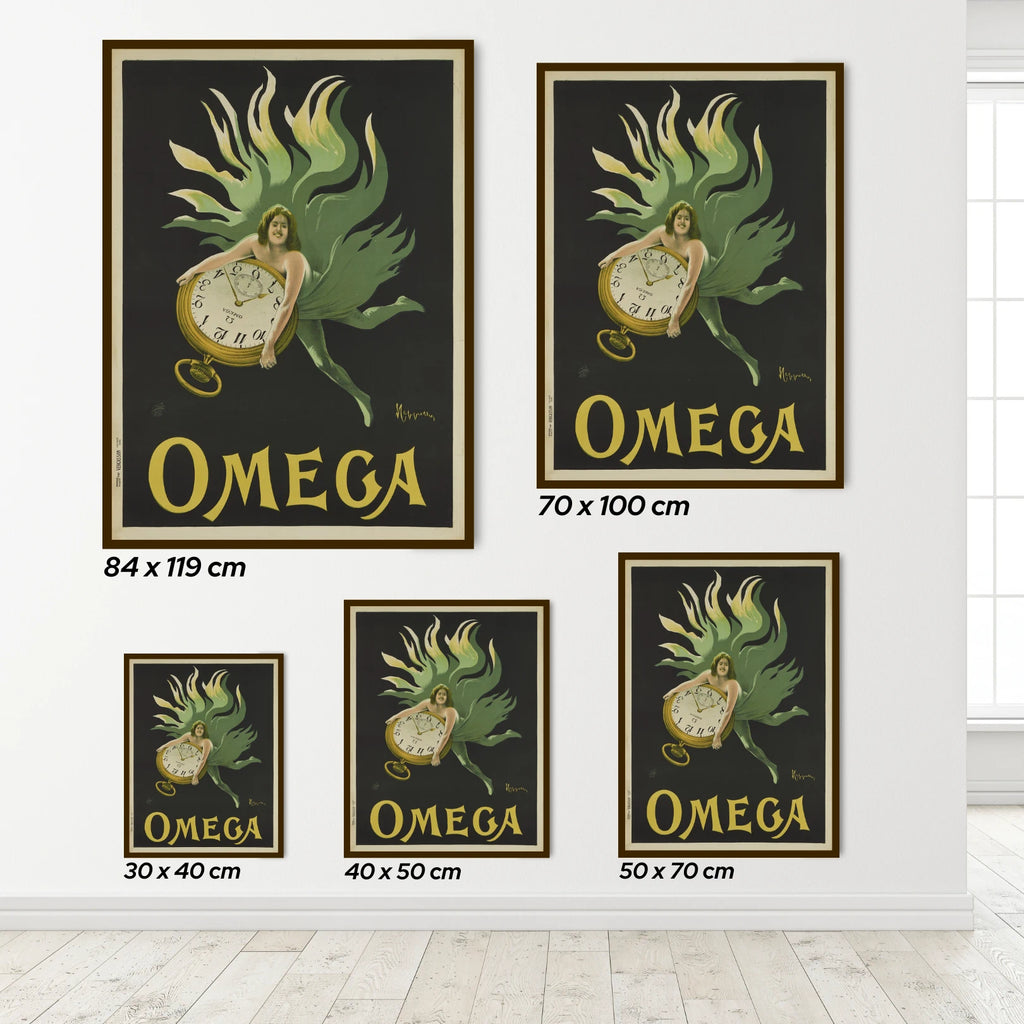 Set of Omega-themed wall art prints on a white wall.