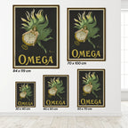 Set of Omega-themed wall art prints on a white wall.