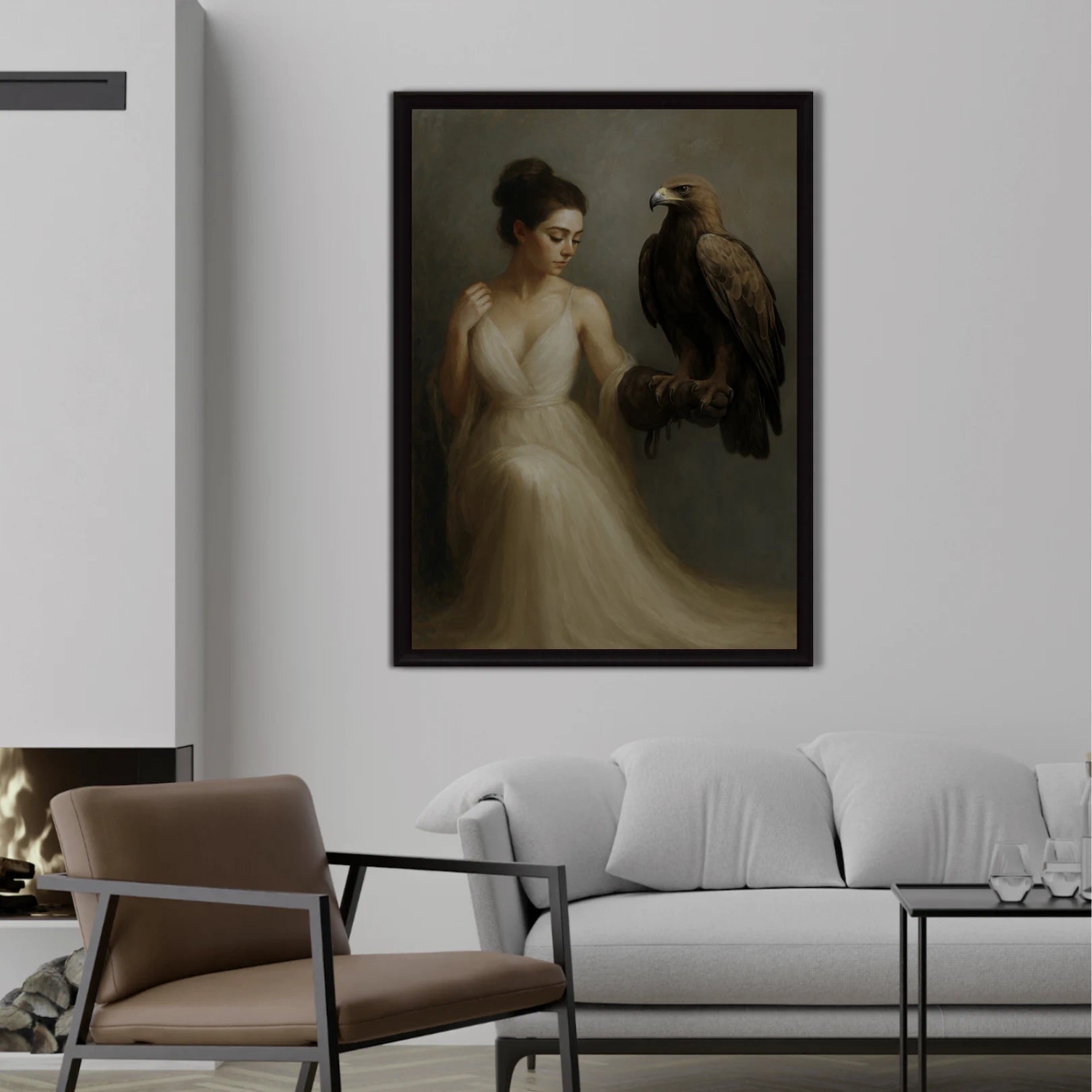 Framed artwork of a woman with an eagle in a modern living room.