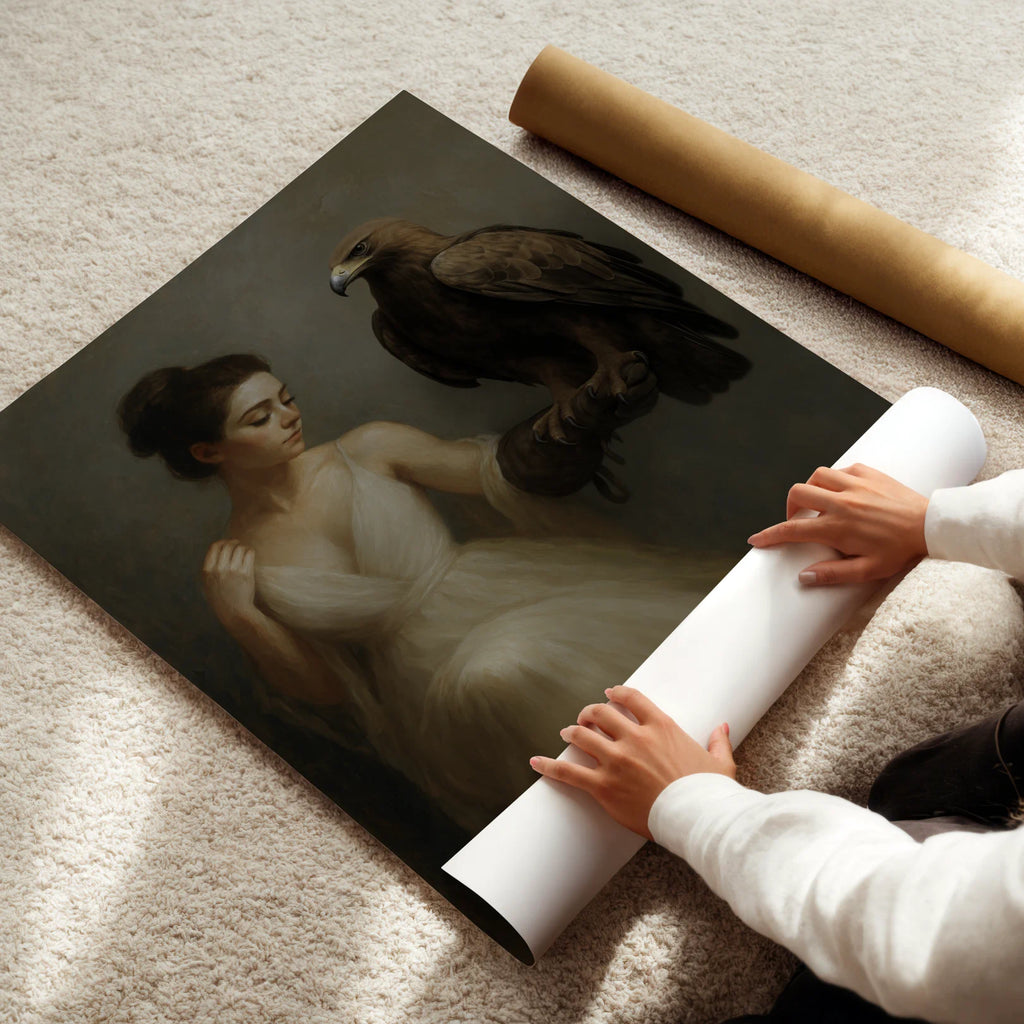 Person unrolling a large artwork of a woman with an eagle on a carpeted floor.