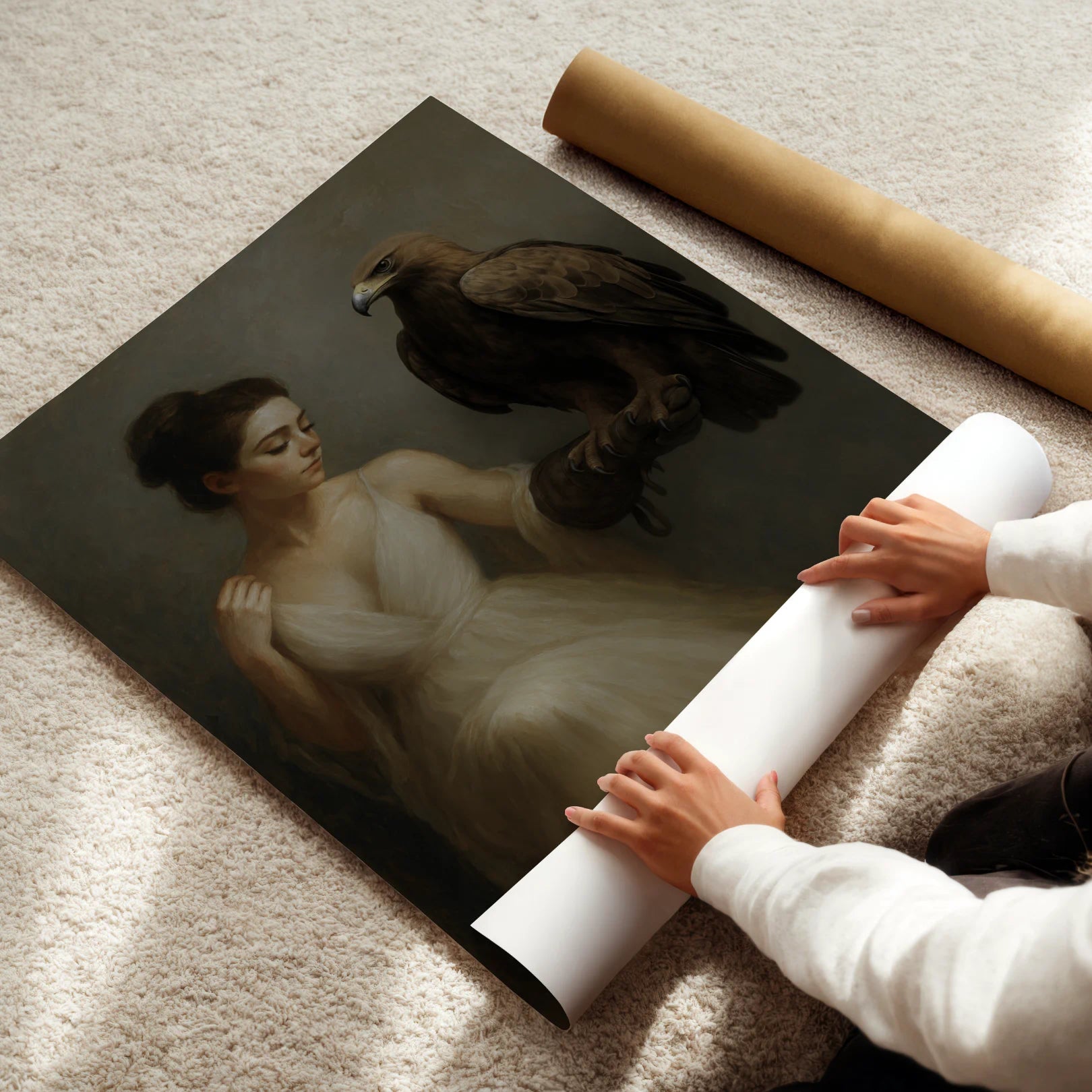 Person unrolling a large artwork of a woman with an eagle on a carpeted floor.