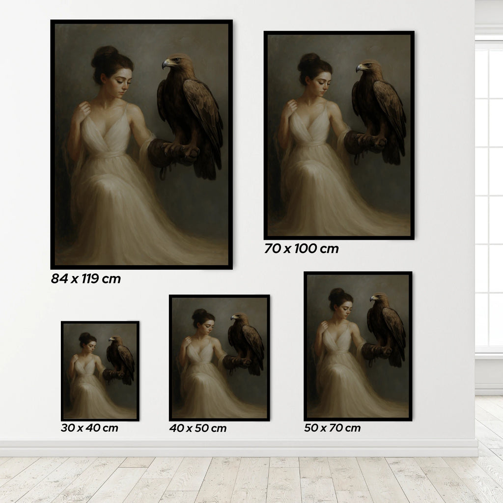 Set of framed artworks of a woman holding an eagle with varying sizes displayed on a wall.