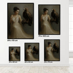 Set of framed artworks of a woman holding an eagle with varying sizes displayed on a wall.