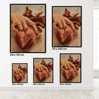 Set of framed artworks depicting a heart with fingers penetrating the heart on a white wall.