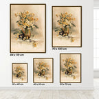 Set of floral wall art prints with dimensions displayed on a white wall.