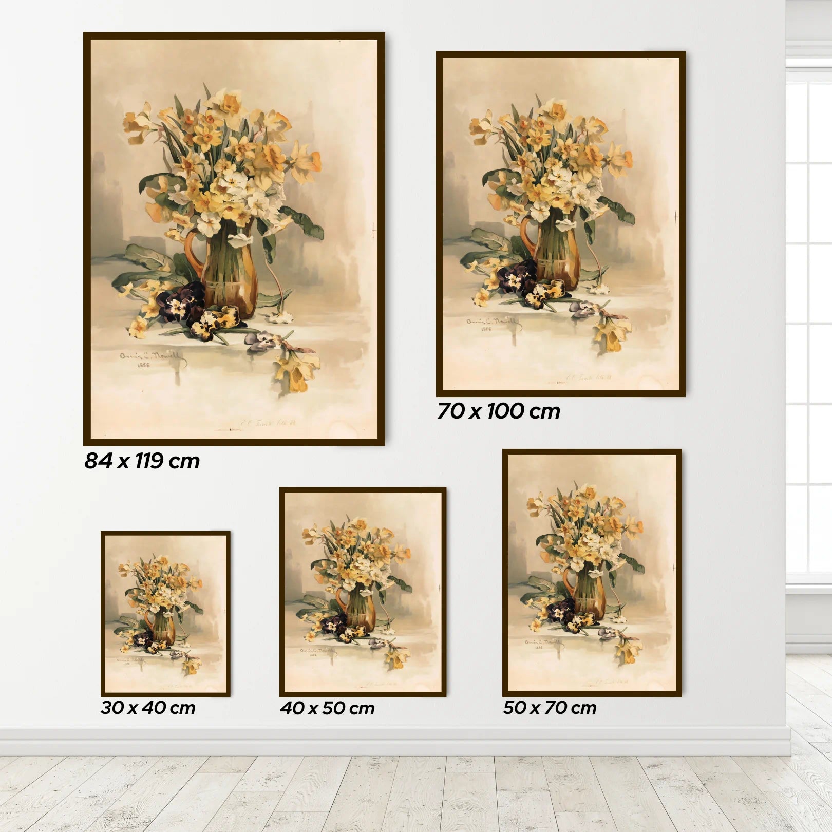 Set of floral wall art prints with dimensions displayed on a white wall.