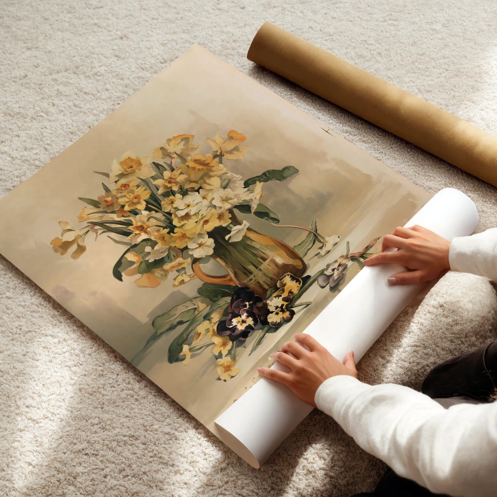 Person unrolling a floral painting on a light-colored floor