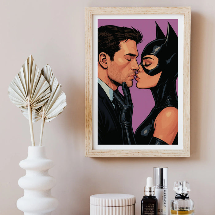 Stylish artwork “Kiss of Control” hanging in a chic neutral-toned space with dried floral décor and beauty products.