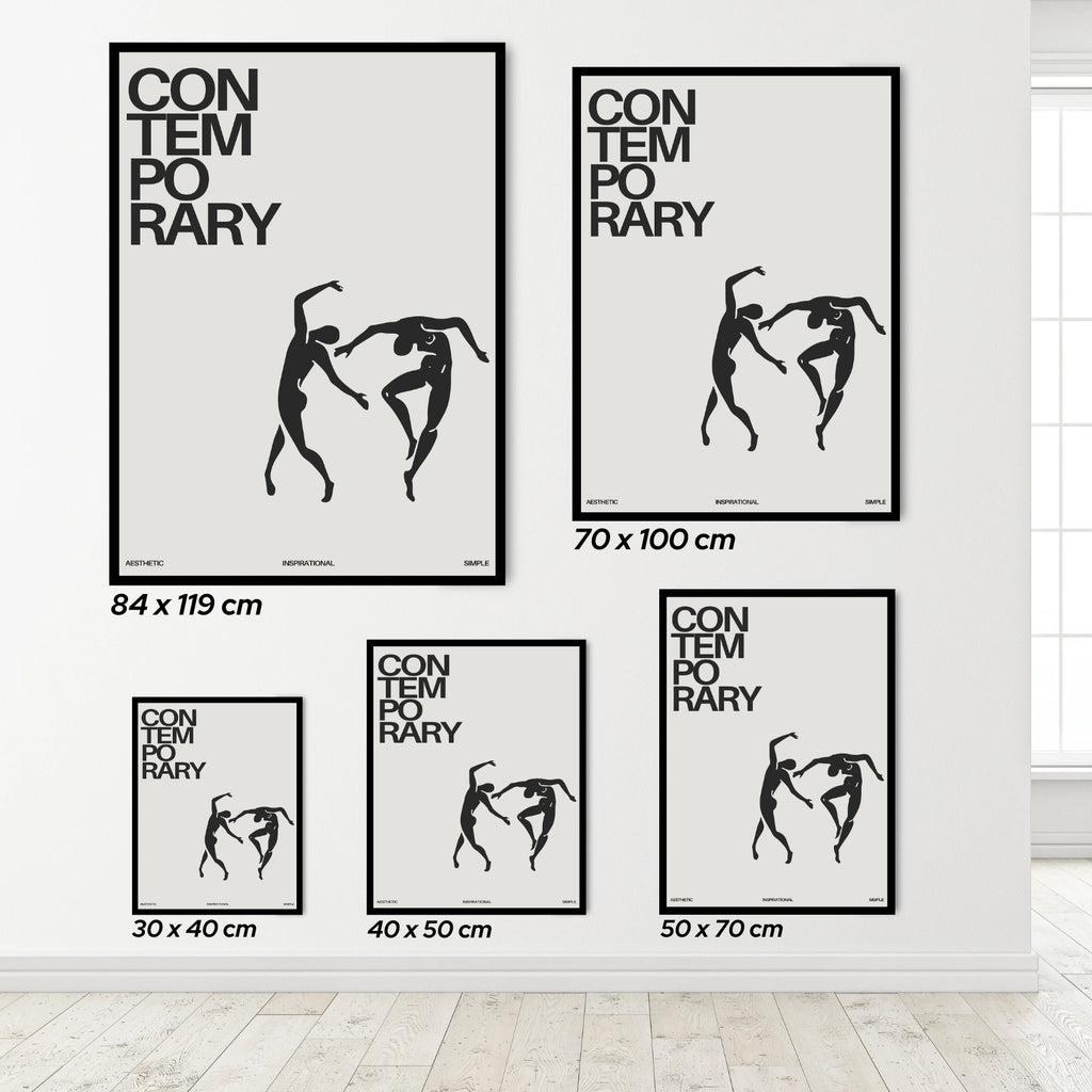 Set of four 'Contemporary' dance posters with dancer silhouettes on a white wall.