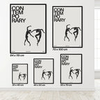 Set of four 'Contemporary' dance posters with dancer silhouettes on a white wall.