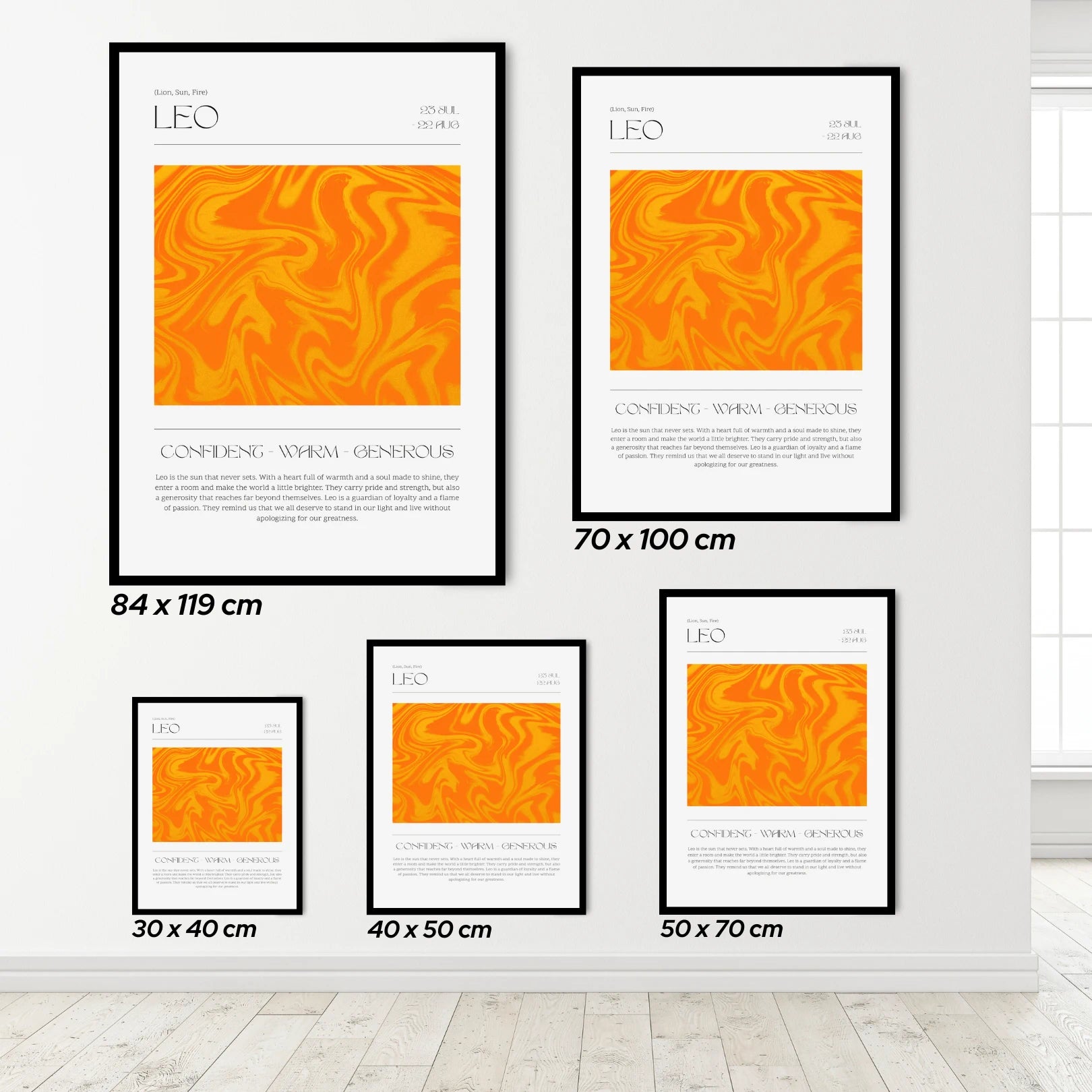 Set of Leo zodiac framed posters with orange abstract design and text on a white wall.
