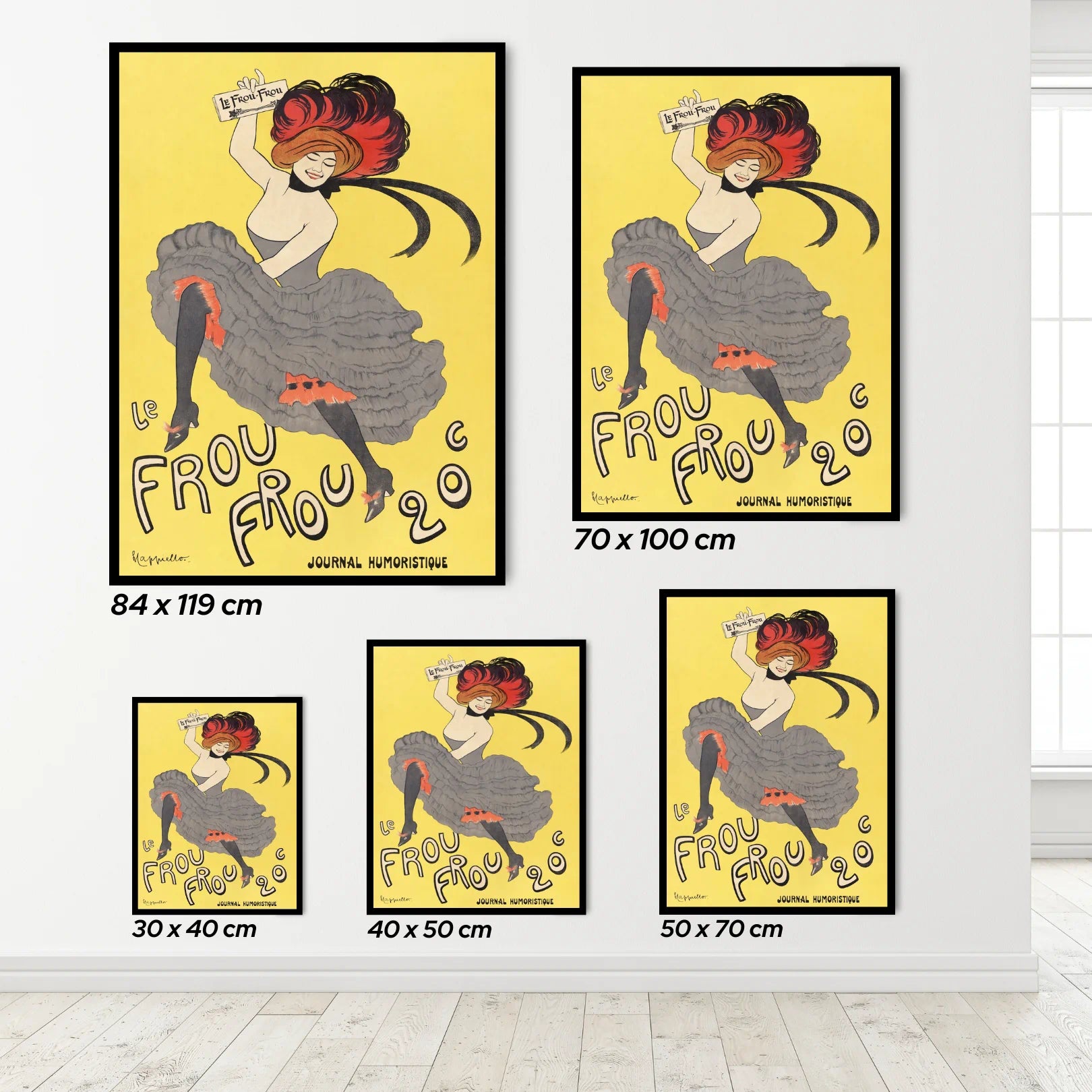 Set of vintage-style posters featuring a woman with red hair and a yellow background, displayed on a wall.