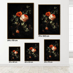 Set of floral posters with dimensions displayed on a white wall.