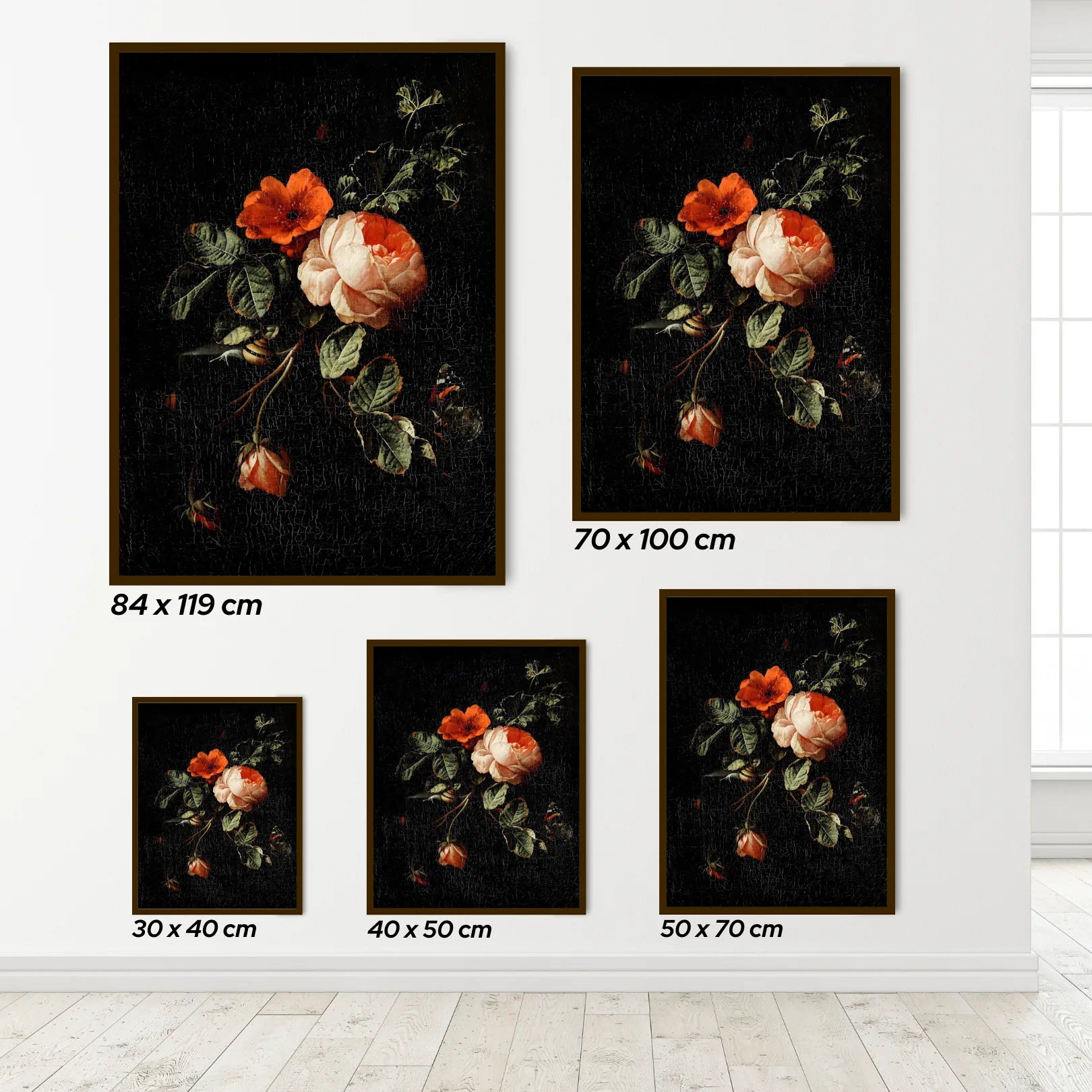 Set of floral posters with dimensions displayed on a white wall.