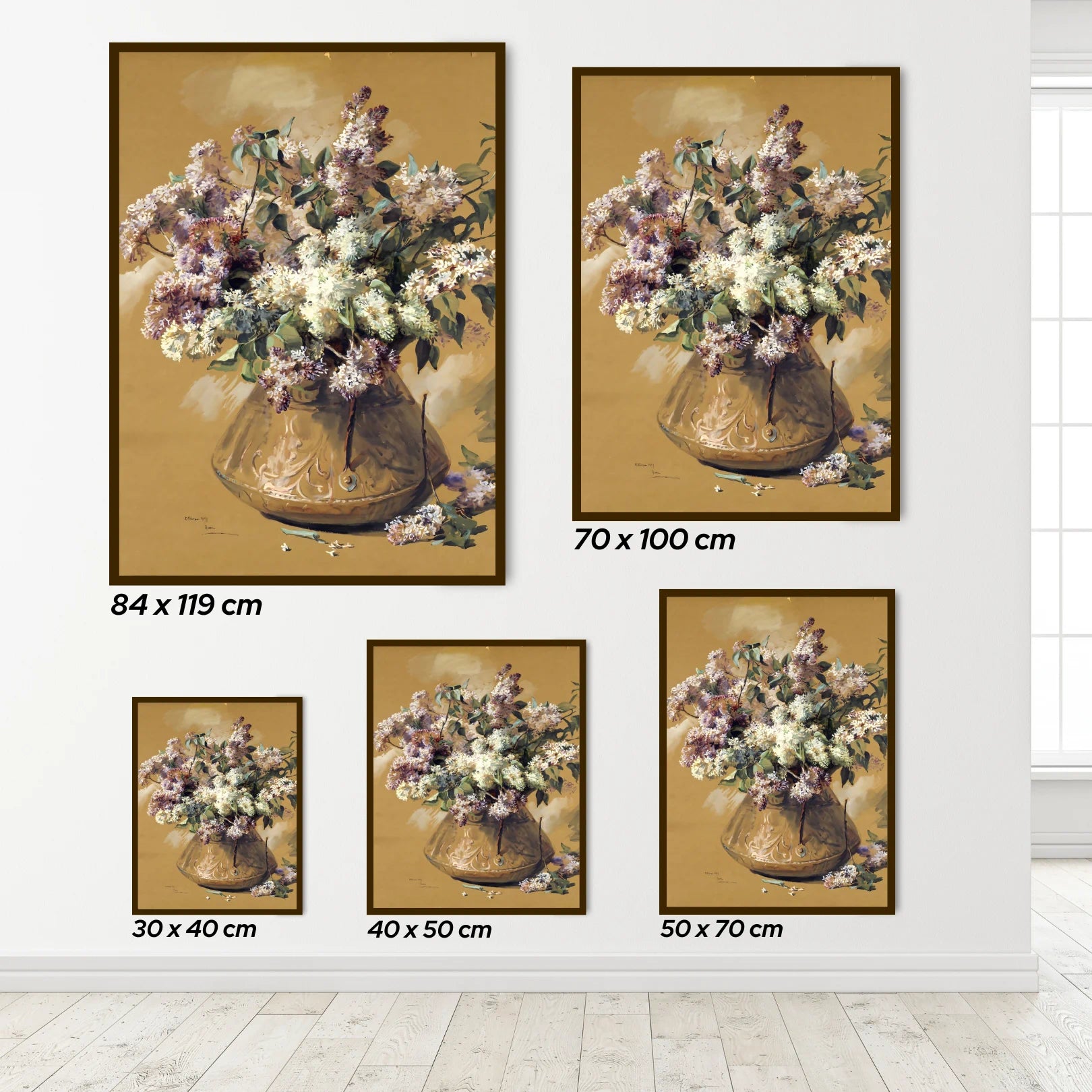 Set of floral wall art prints with dimensions displayed on a white wall.