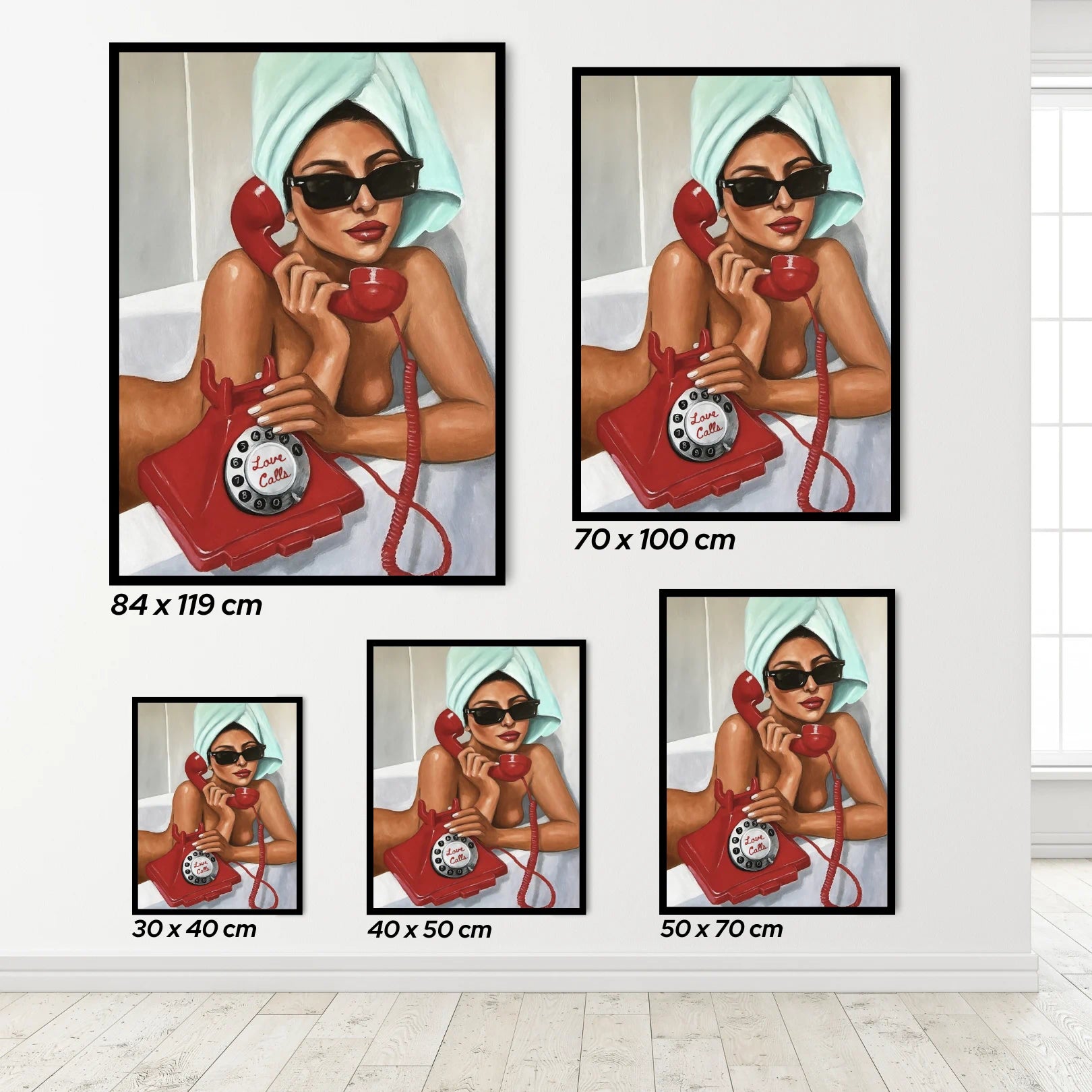 Set of framed artworks showing a woman with a red phone, displayed with dimensions.