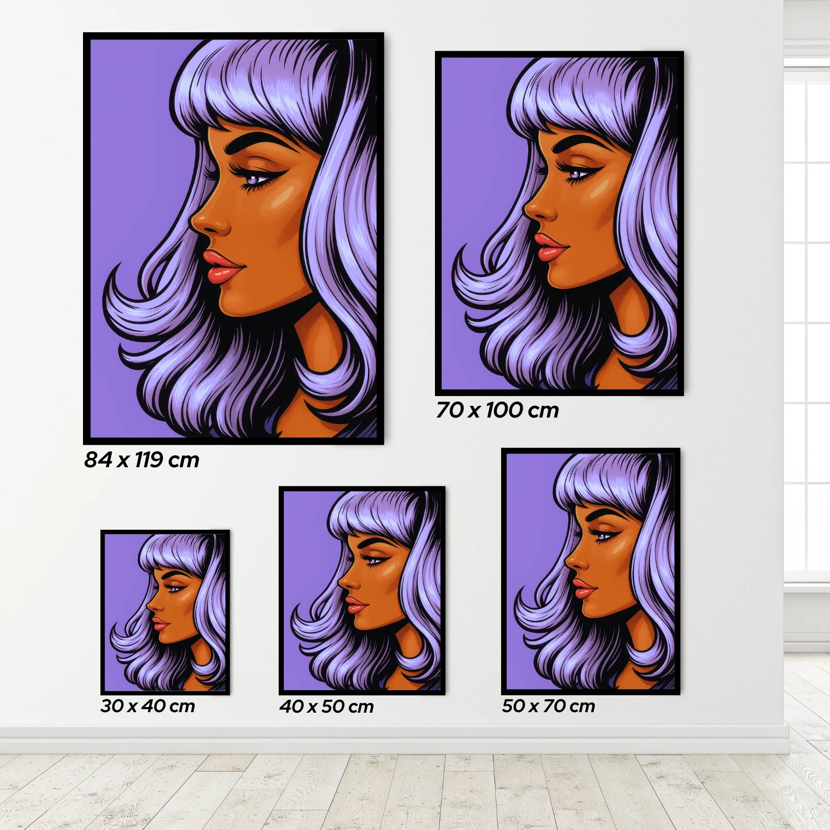 Set of four framed artworks of a woman with purple hair on a white wall.