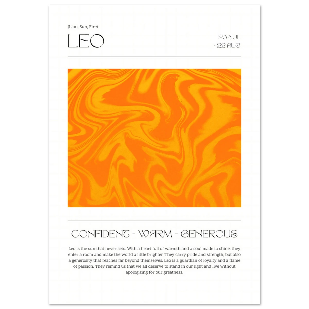 Leo zodiac card poster with orange swirl design and text on a white background