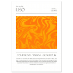 Leo zodiac card poster with orange swirl design and text on a white background