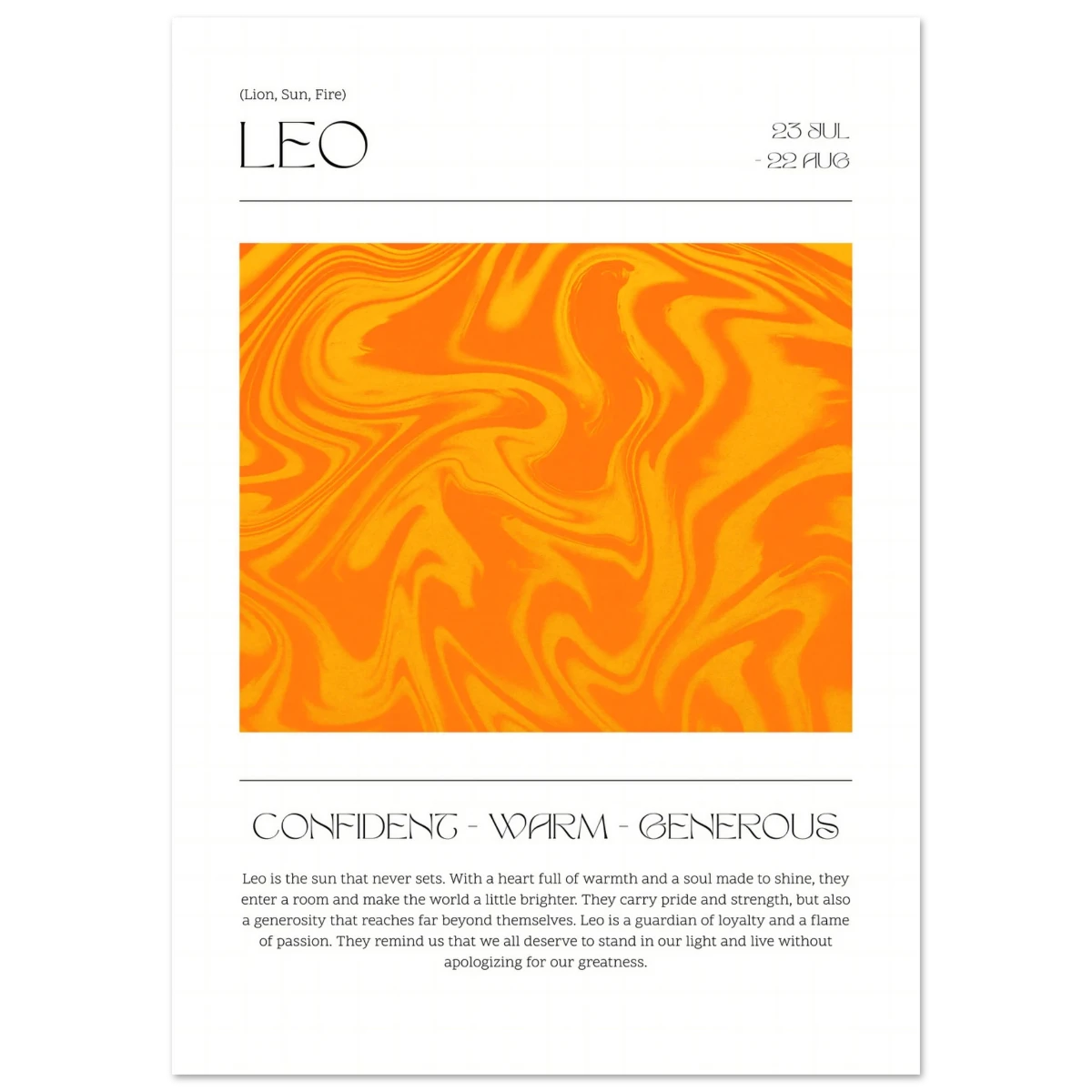 Leo zodiac card poster with orange swirl design and text on a white background