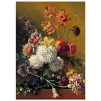 Floral still life painting with a variety of flowers on a dark background