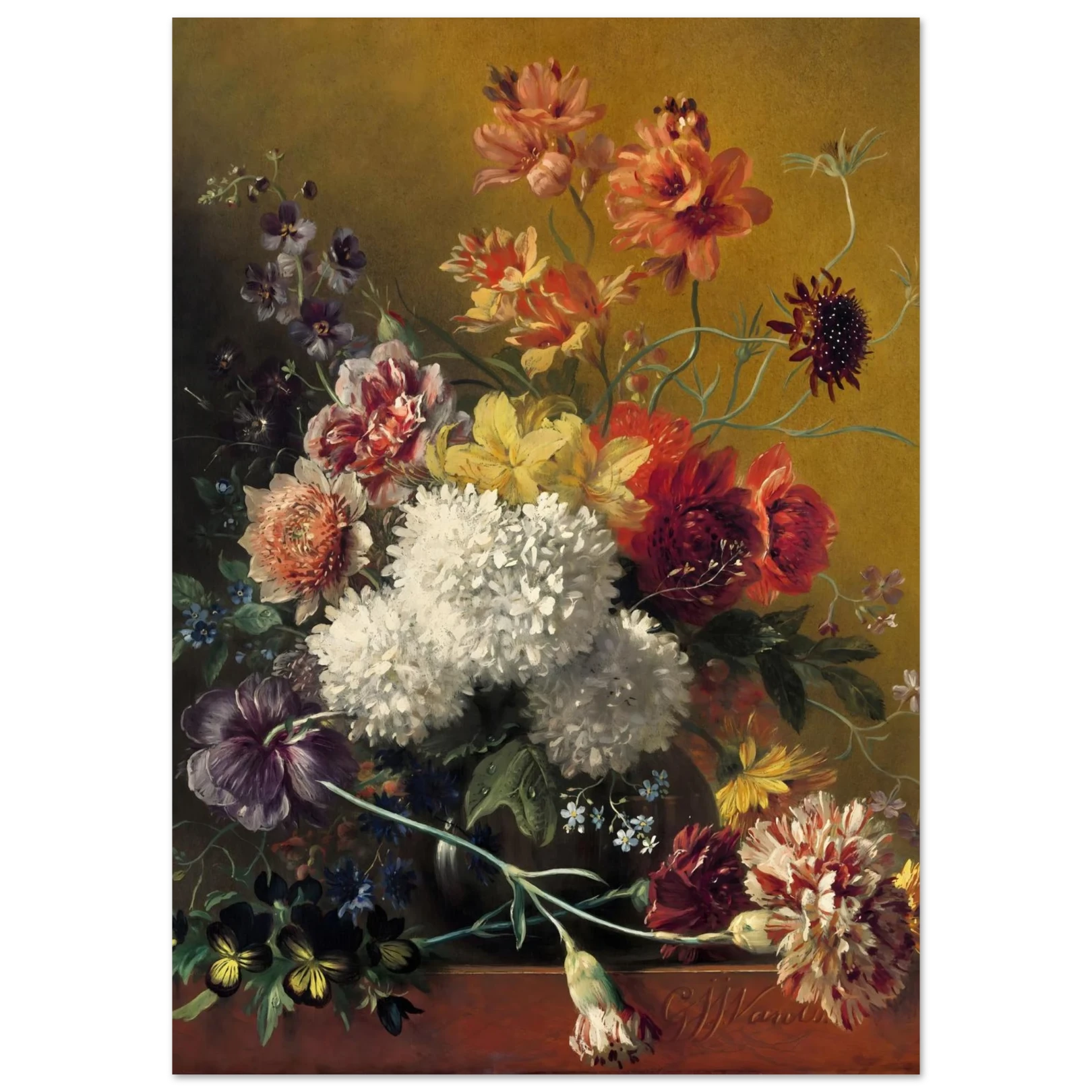 Floral still life painting with a variety of flowers on a dark background
