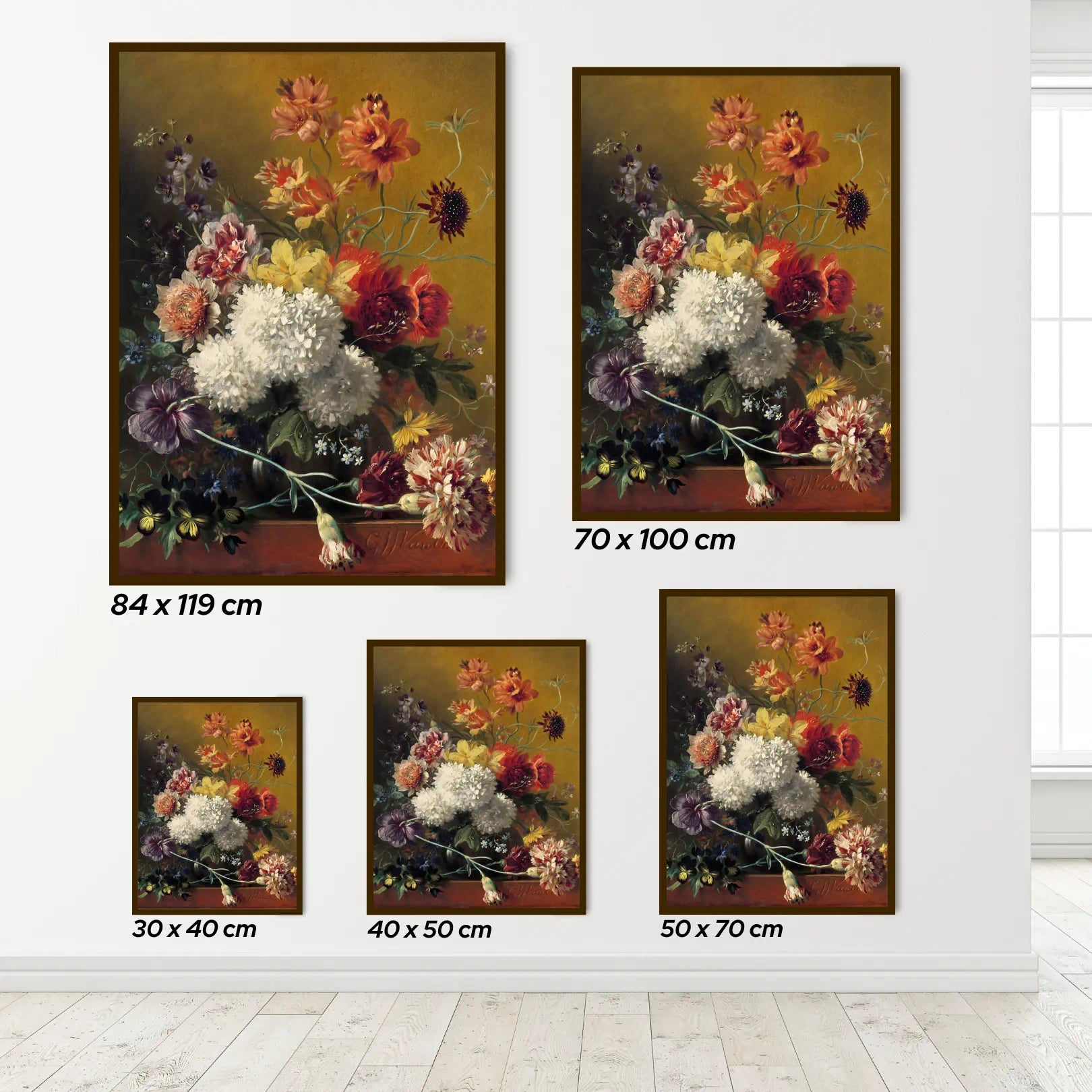 Set of floral posters with dimensions displayed on a white wall.