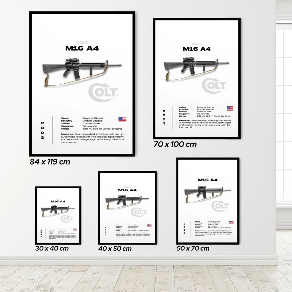 Set of framed prints featuring the M16 A4 rifle with COLT branding on a white wall.