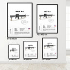 Set of framed prints featuring the M16 A4 rifle with COLT branding on a white wall.
