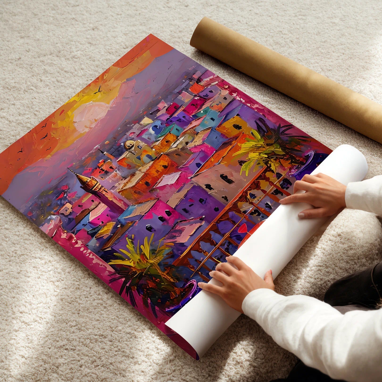 Person unrolling a colorful Morocco poster on a carpeted floor