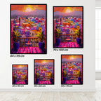 Set of colorful cityscape in Morocco paintings with dimensions displayed on a white wall.