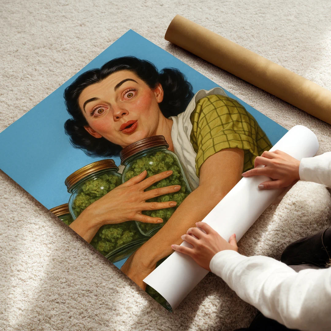 Person unrolling a poster of a woman with jars of cannabis on a carpeted floor.