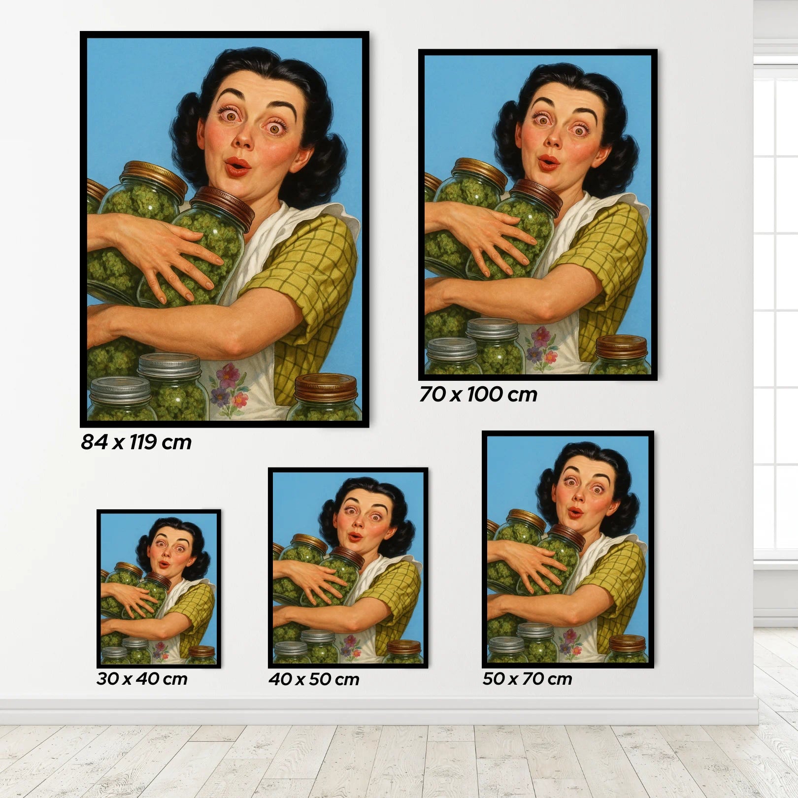 Set of framed artworks of a woman holding jars with green cannabis buds, displayed with size information.