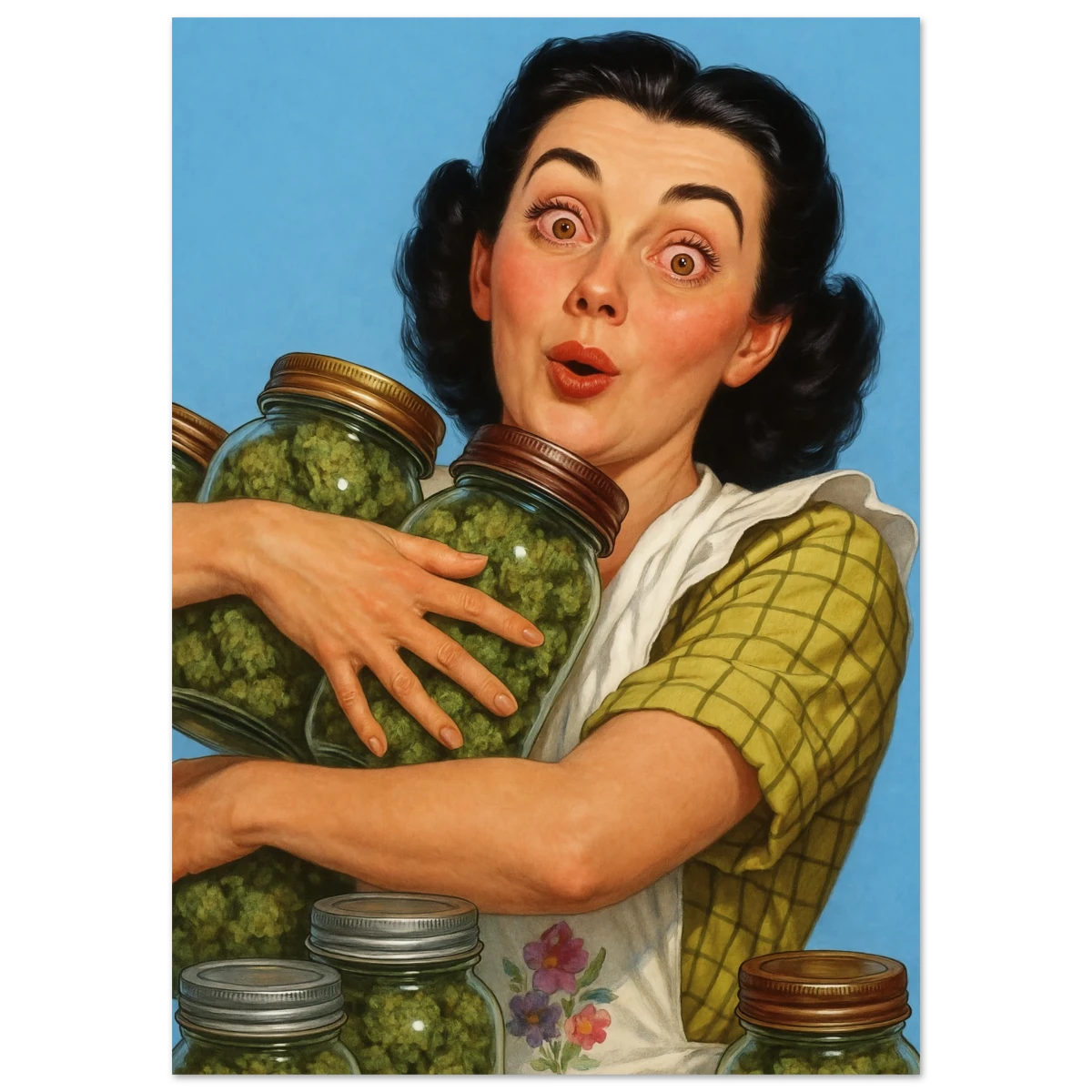 Vintage-style illustration of a woman holding jars of cannabis buds against a blue background