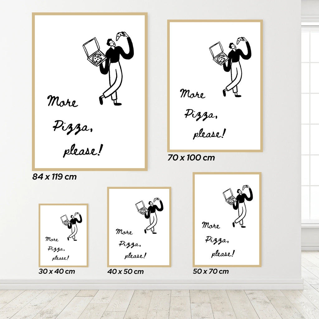 Set of framed prints with a man holding a pizza box and 'More Pizza, please!' text, displayed on a wall.
