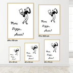 Set of framed prints with a man holding a pizza box and 'More Pizza, please!' text, displayed on a wall.