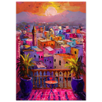Colorful poster of a vibrant morrocan cityscape with buildings and a sunset.