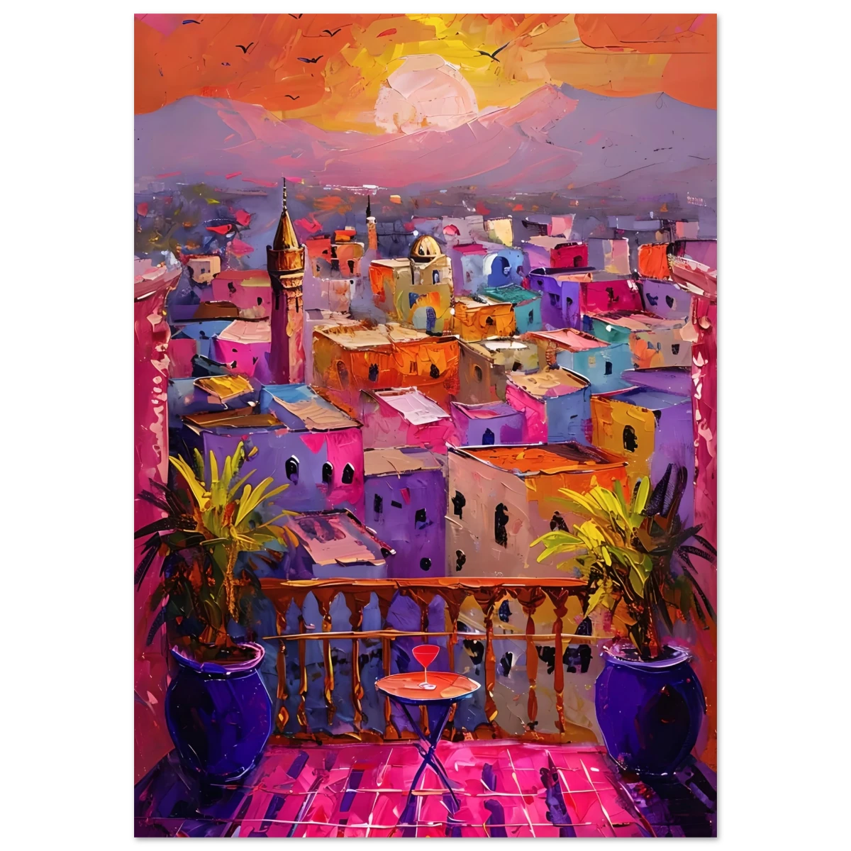 Colorful poster of a vibrant morrocan cityscape with buildings and a sunset.