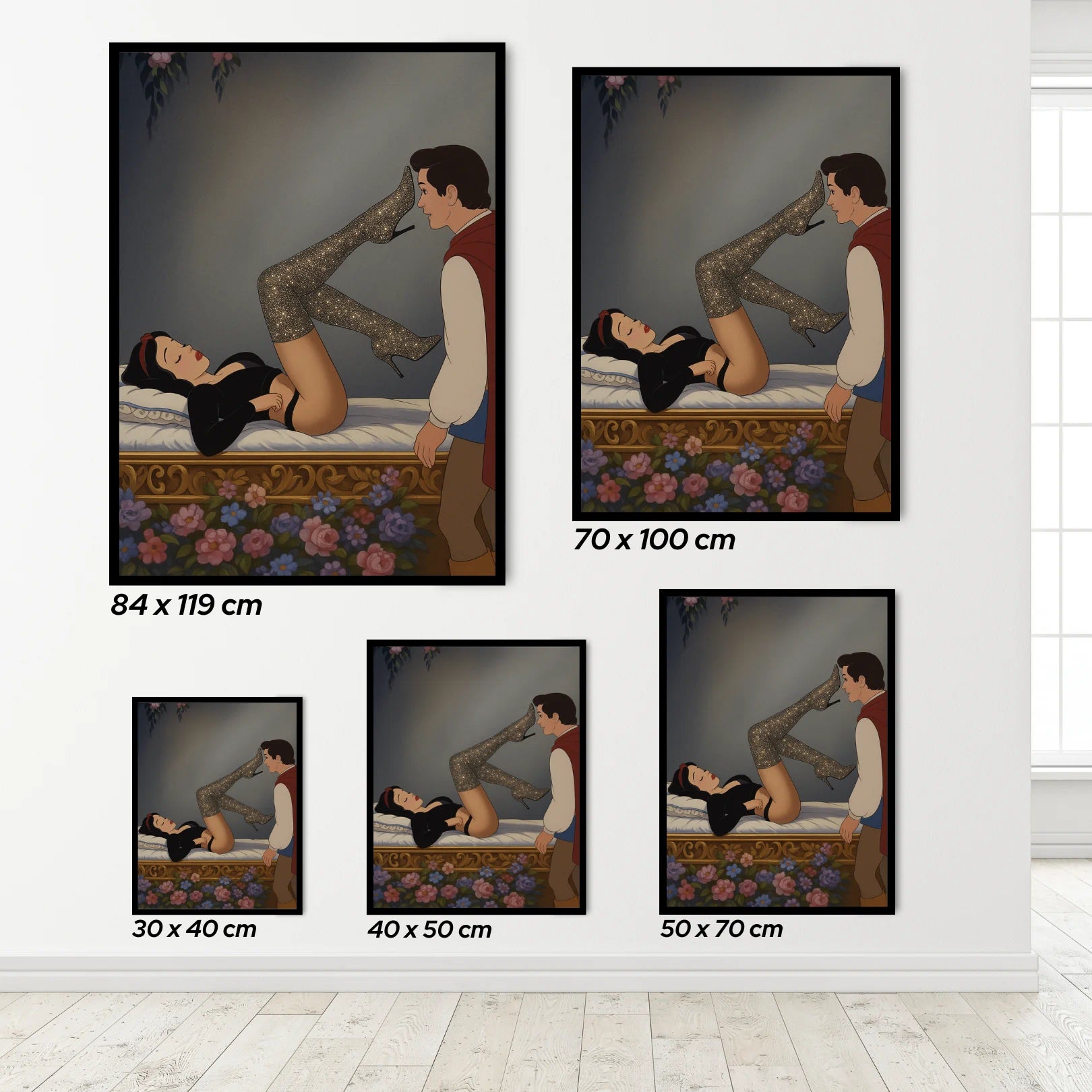 Set of Snow White artworks depicting a man and woman in various poses on a bed with floral decorations, shown in different sizes.